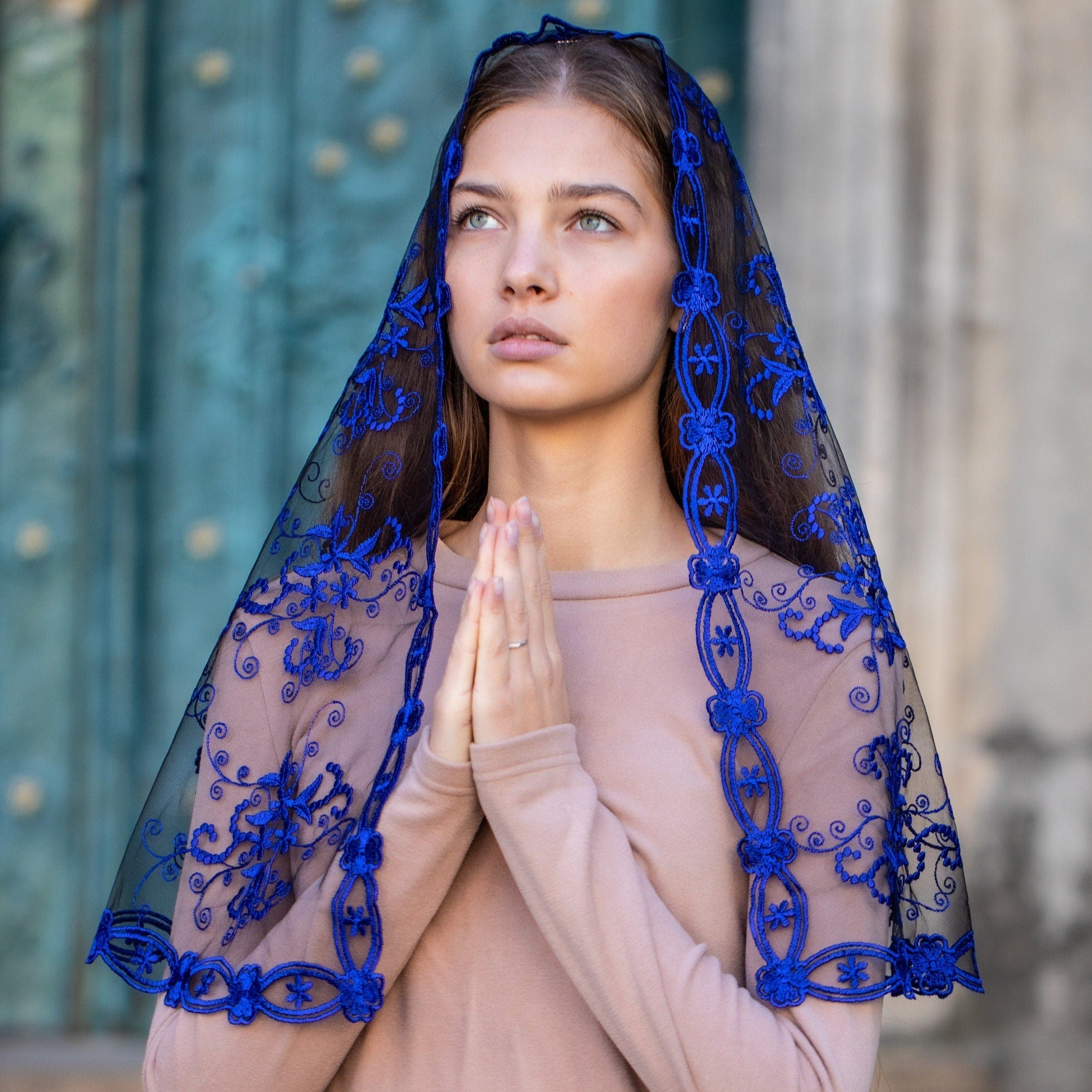 Maria Veils Long Royal Blue Veil - Chapel, Church, Catholic