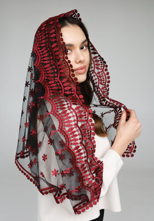 LONG BURGUNDY MANTILLA