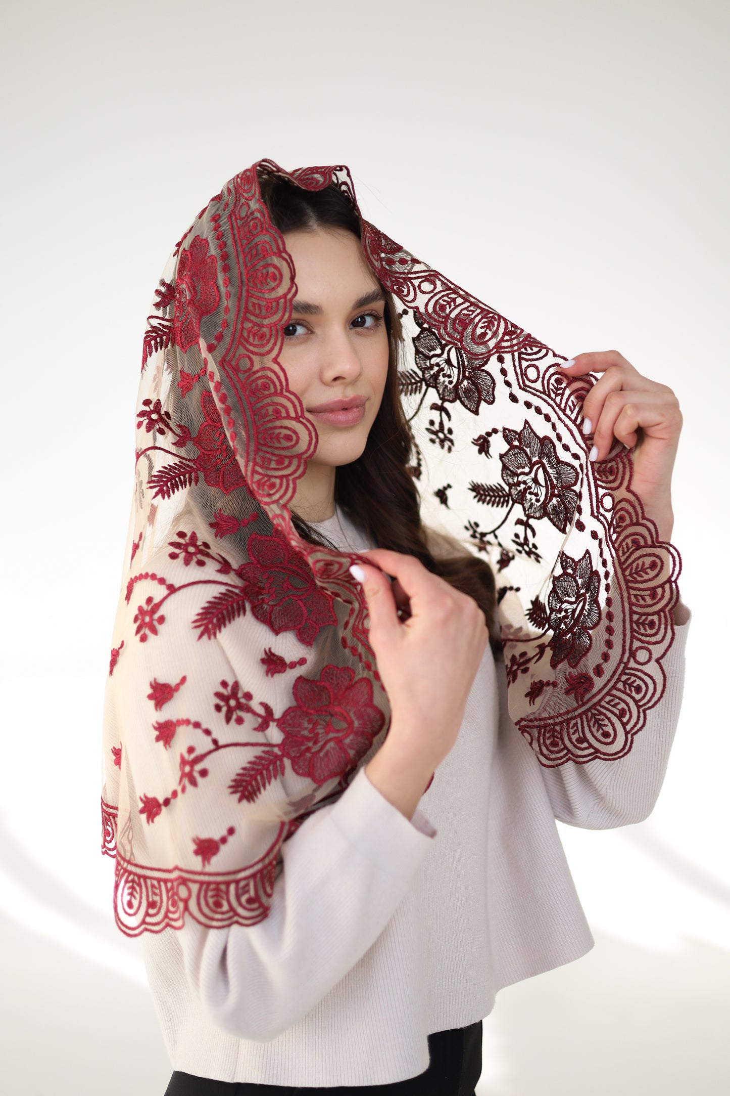 LONG BURGUNDY MANTILLA